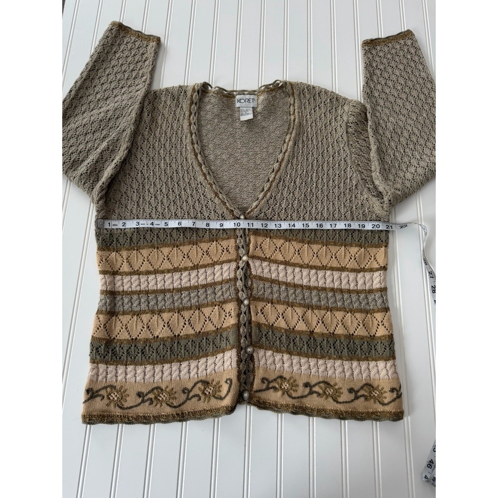 Vintage Koret Cardigan Sweater Women's Medium Earth Tone Open Knit Crochet Style - Picture 5 of 8